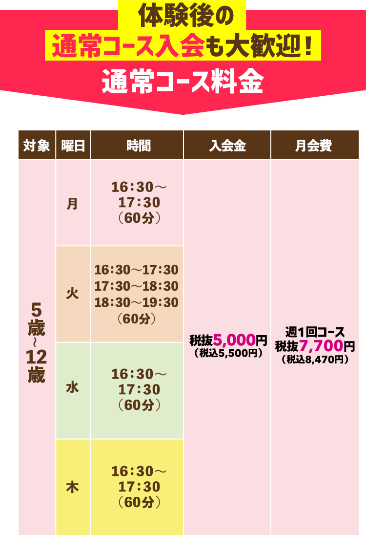 体験後の通常コース入会も大歓迎！ 通常コース料金