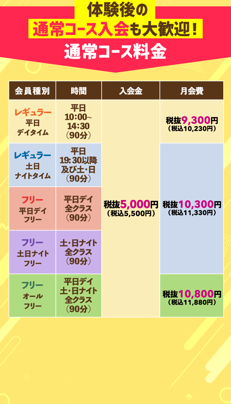 体験後の通常コース入会も大歓迎！ 通常コース料金