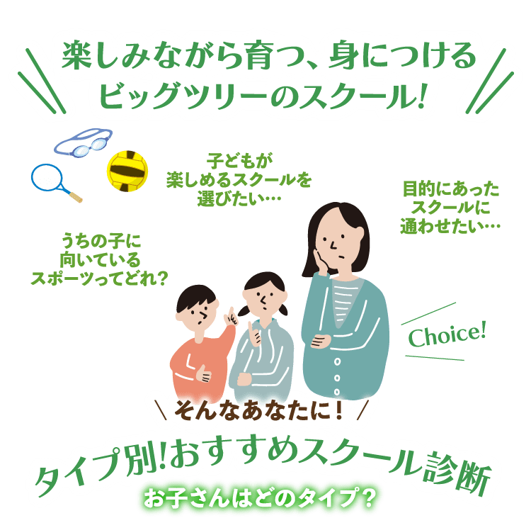 楽しみながら育つ、身につけるビッグツリーのスクール! タイプ別!おすすめスクール診断 お子さんはどのタイプ？