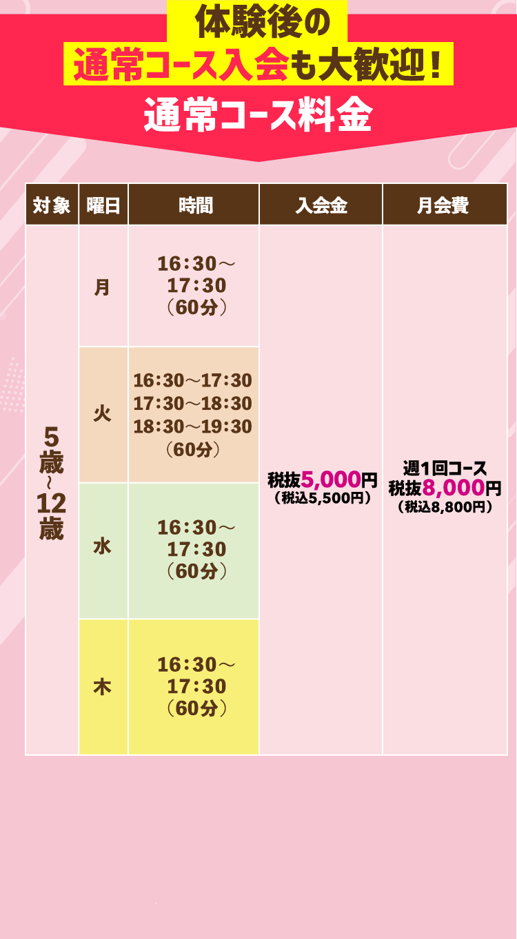体験後の通常コース入会も大歓迎！ 通常コース料金