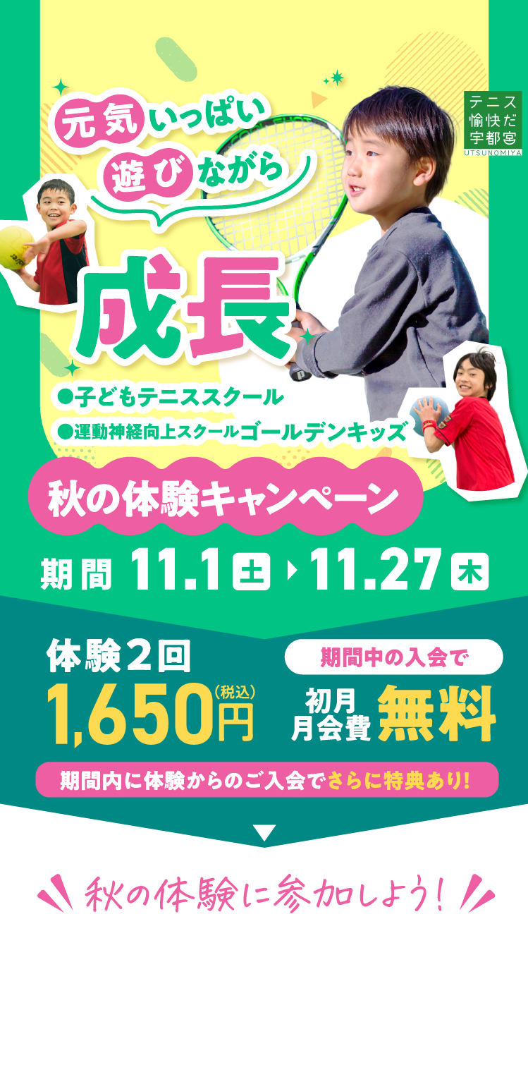 テニス＆ゴールデンキッズ ビッグツリー秋の体験キャンペーン！ 2025 11/1（土）〜11/27（木）まで!【体験予約受付中】
